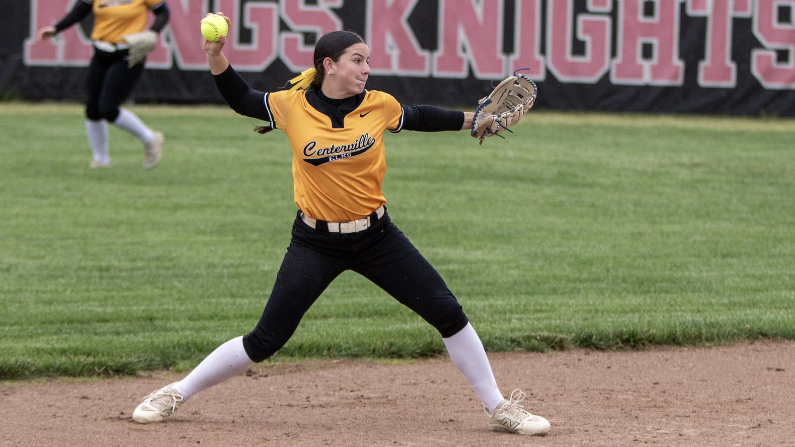 Centerville shortstop Natalie Carr fires to first base for an out during the Elks' 8-1 victory over Lakota West in a Division I district final Thursday at Kings High School. JEFF GILBERT / CONTRIBUTED