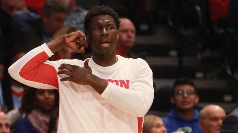 Dayton's Moulaye Sissoko reacts after a basket by the Flyers against Indiana State on Saturday, Dec. 9, 2019, at UD Arena.
