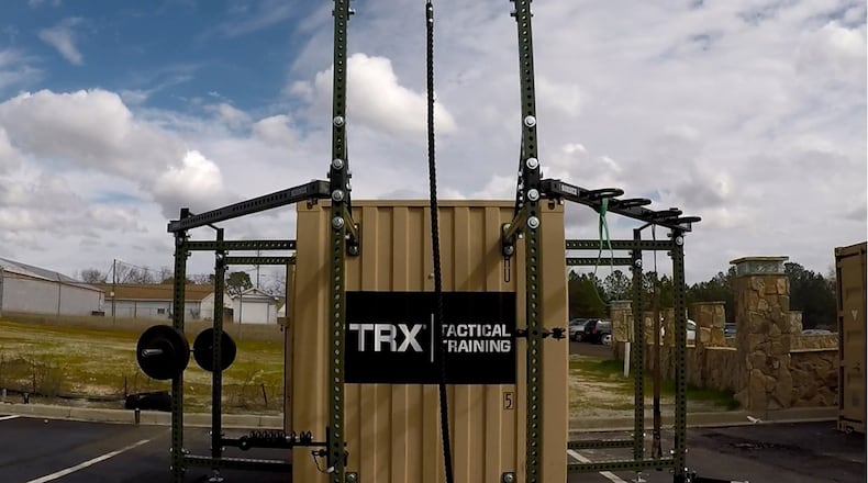 A TRX Tactical Training Locker, a functional training rig that can be utilized by dozens of users at a time, will be unveiled next to Jarvis Fitness Center, Kittyhawk Center, Area A, as part of the Commander’s Challenge Wingman Day May 10. The $35,000 training center, provided by the Air Force Services Activity, will be used for a pull-up competition. (TRX courtesy photo)