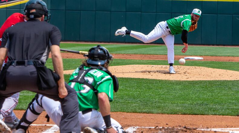 Dayton's Thomas Farr pitches against Fort Wayne earlier this season. Jeff Gilbert/CONTRIBUTED