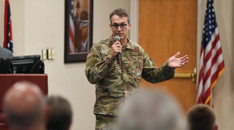 Brig. Gen. Scott Cain, 96th Test Wing commander at Eglin Air Force Base, Fla., addresses attendees during the third annual Hanscom Test Workshop in 2019 at the conference center at Hanscom Air Force Base, Mass. Cain will assume command of the Air Force Research Laboratory June 5. (U.S. Air Force photo by Mark Herlihy)