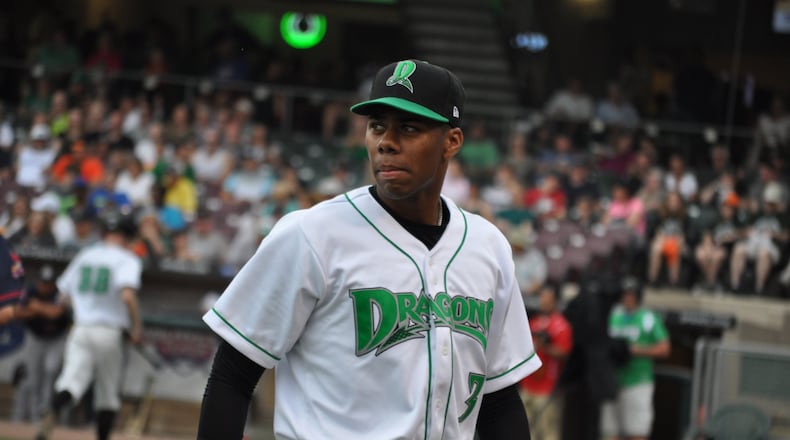 Dayton’s Hunter Greene during Saturday night’s start vs. Peoria at Fifth Third Field. Nick Dudukovich/CONTRIBUTED