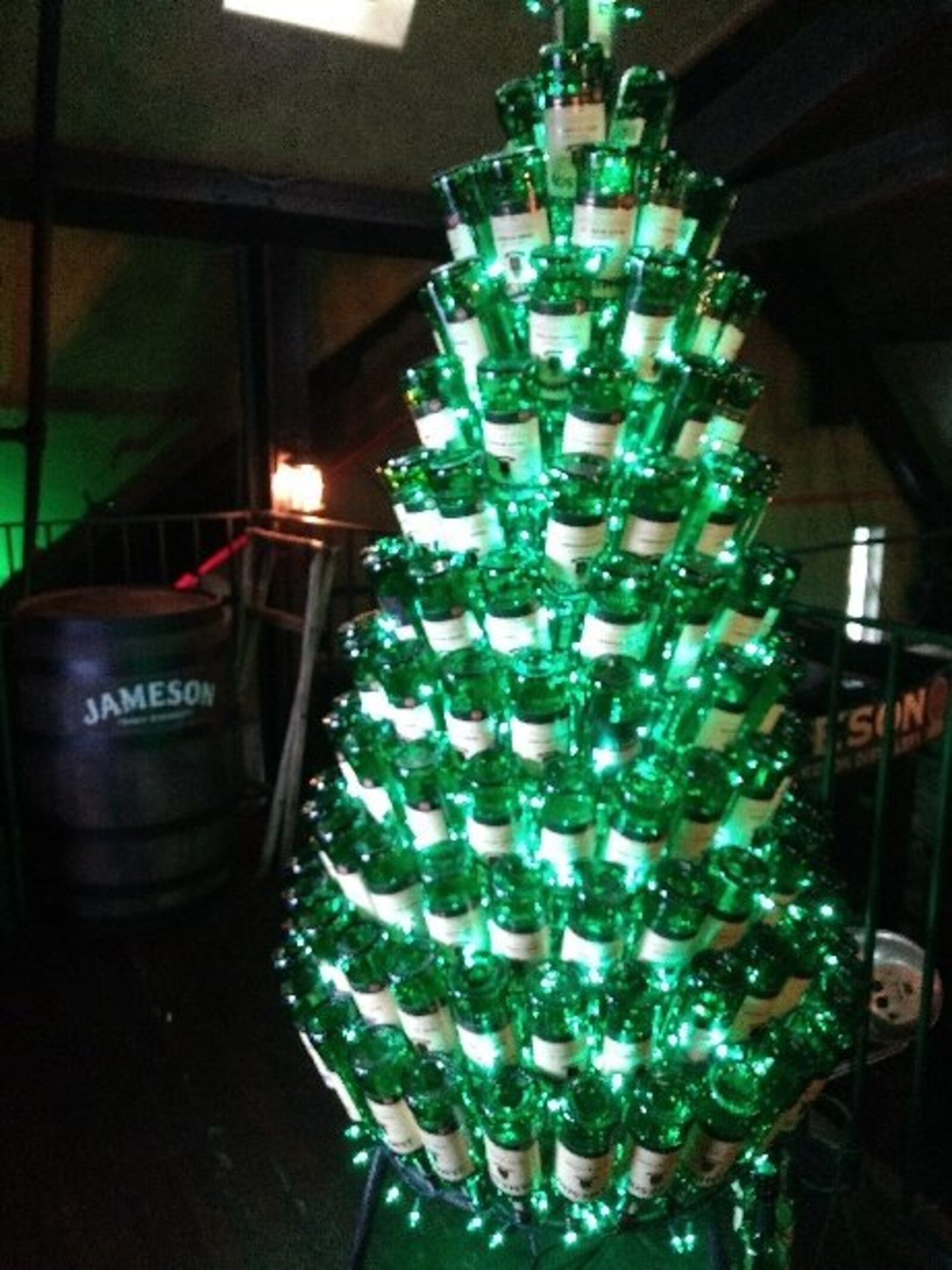 Dublin Pub in Dayton's Oregon District has a Christmas tree made of Jameson Irish Whiskey bottles.