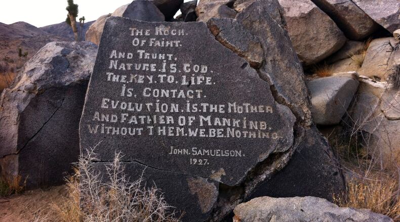 Visitors to Joshua Tree National Park have a hard time finding the collection of boulders, Samuelson's Rocks, that Swedish immigrant John Samuelson carved anti-government and anti-religion messages into. Samuelson carved his thoughts on seven boulders in the late 1920s. (Sam McManis/Sacramento Bee/MCT)
