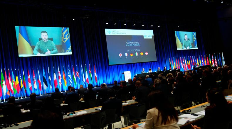 Ukraine President Volodymyr Zelenskyy, speaks via video conference, during the NATO Parliamentary Assembly, in Copenhagen, Denmark, Monday, Oct. 9, 2023. (Liselotte Sabroe/Ritzau Scanpix via AP)
