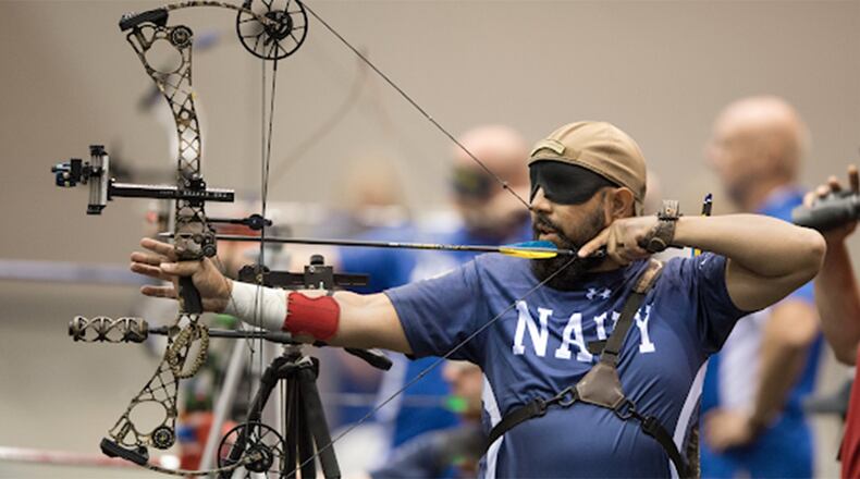Warrior Games Athlete and Navy veteran, Petty Officer 2nd Class A.J. Mohammad, competes in an archery competition during the 2017 Warrior Games. Archery will be one of 11 sports featured during the 2018 Department of Defense Warrior Games at the Air Force Academy June 2-9. (Department of Defense photos/EJ Hersom)