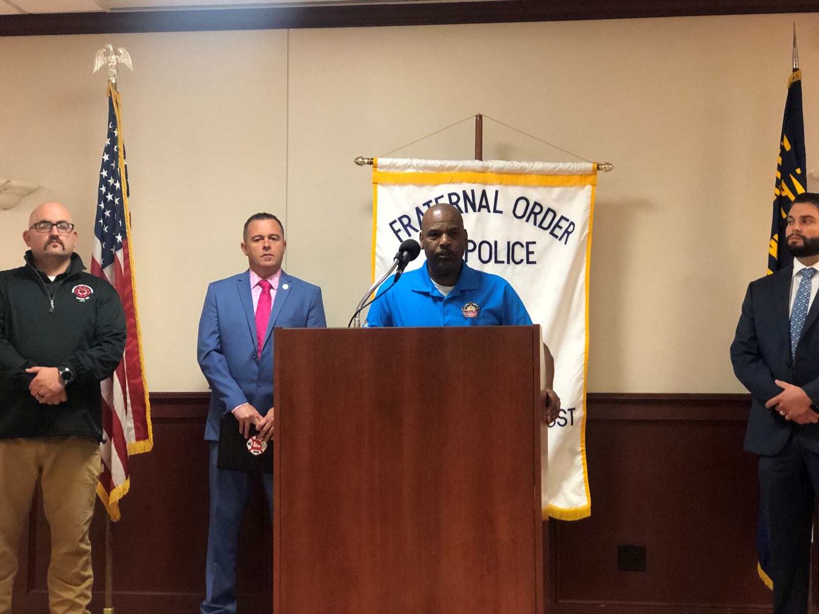 Derric McDonald, vice president of the Dayton Fraternal Order of Police Lodge No. 44, speaks about Dayton's testing/vaccination policy. CORNELIUS FROLIK / STAFF