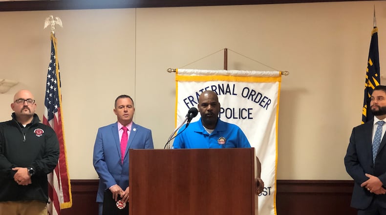 Derric McDonald, vice president of the Dayton Fraternal Order of Police Lodge No. 44, speaks about Dayton's testing/vaccination policy. CORNELIUS FROLIK / STAFF