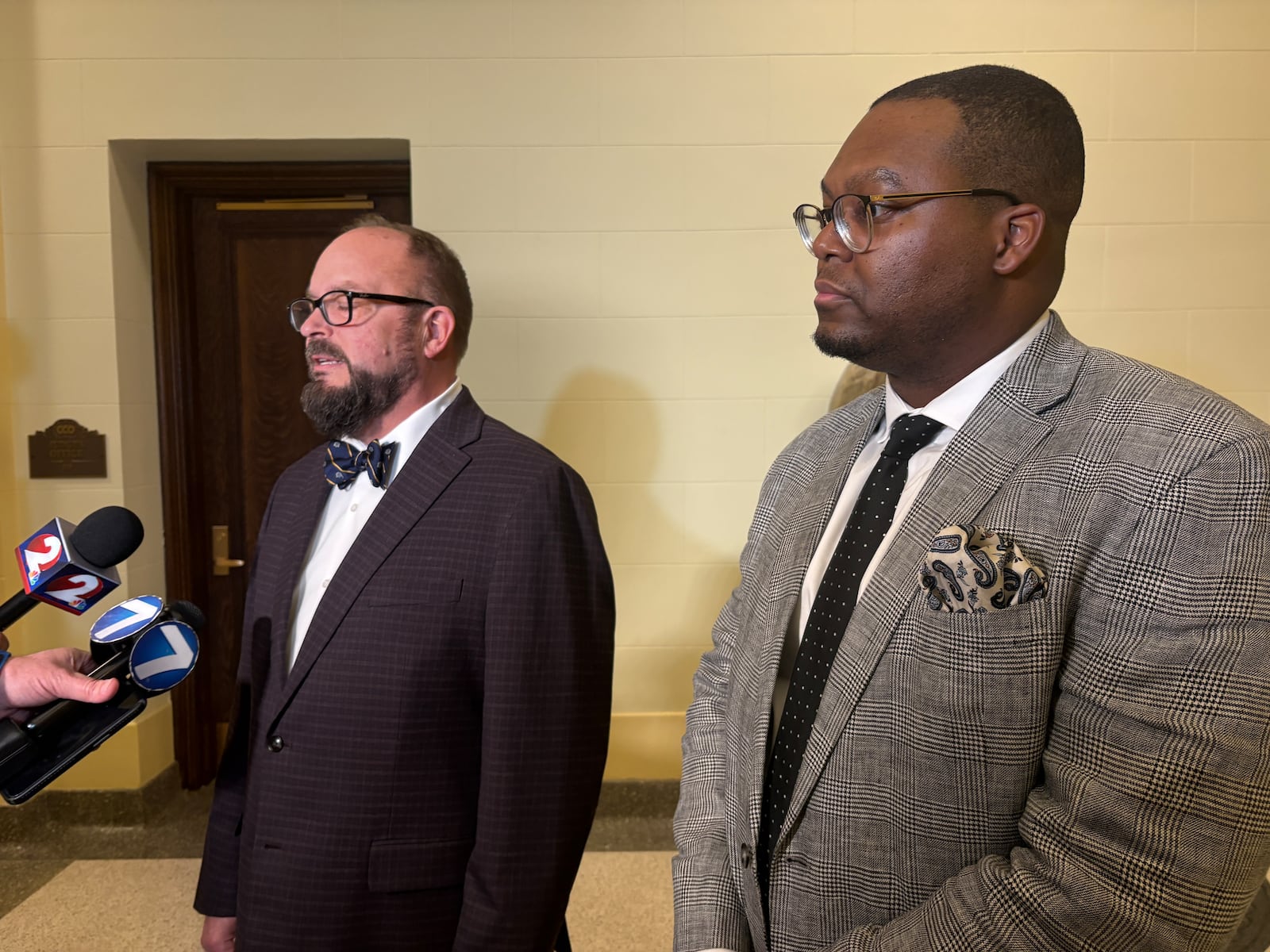 Clark County Prosecutor Daniel Driscoll, left, addresses the media Wednesday, Jan. 14, 2026, after a jury finds William Brock, 83, guilty of murder in the March 2024 shooting death of Columbus Uber driver 61-year-old Lo-Letha "Letha" Toland-Hall. At right is Assistant Prosecutor Kadawni Scott. JEN BALDUF/STAFF