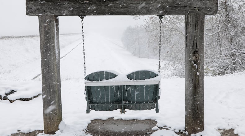 Snow showers blanketed Englewood MetroPark on Monday, Nov. 10, 2025. BRYANT BILLING/STAFF
