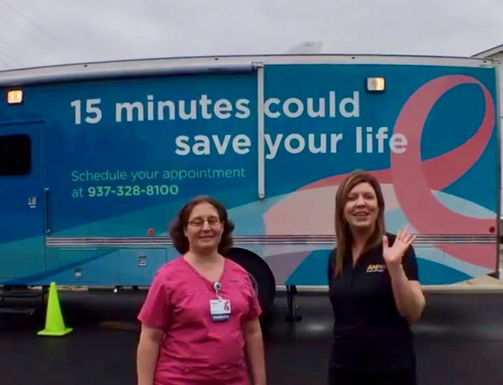 Dawn Naill, left, and Leslie Leibold, are doing a Facebook Live video at the screening event at Leibold’s workplace where Leibold got her first mammogram. CONTRIBUTED PHOTO BY HARDMEDIAGROUP.COM