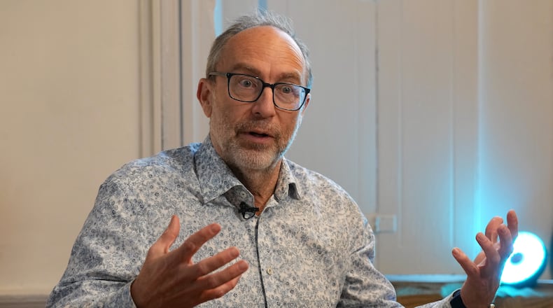Jimmy Wales, founder of Wikipedia, gestures during an interview with The Associated Press on the occasion of Wikipedia's 25th anniversary in London, Monday, Jan. 12, 2026. (AP Photo/Frank Augstein)