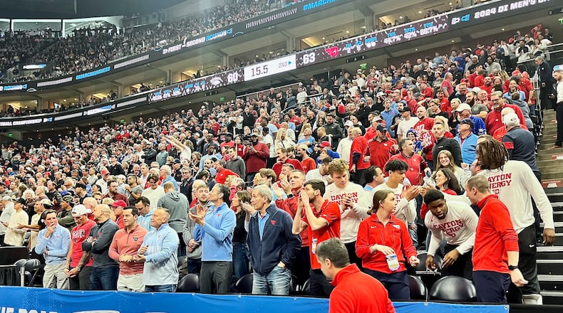Dayton fans watch during the final minute of a game against Nevada in the first round of the NCAA tournament on Thursday, March 21, 2024, at the Delta Center in Salt Lake City, Utah. David Jablonski/Staff