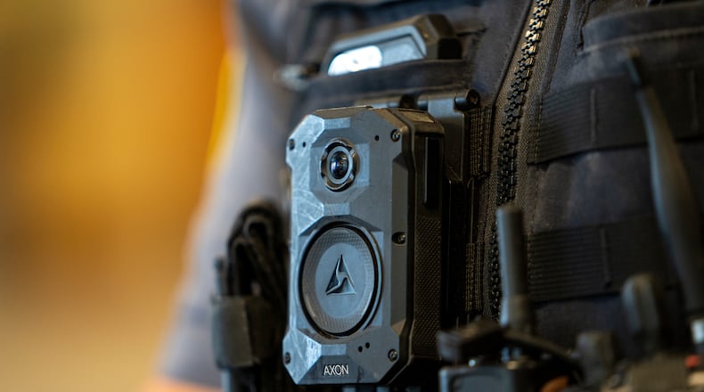 FILE - An Axon body camera is worn by MSGT Matt Gilmore who is one of the officers using Axon's Draft One AI software at OKCPD headquarters on Friday, May 31, 2024 in Oklahoma City, Oklahoma. (AP Photo/Nick Oxford, File)