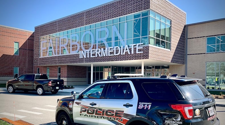 A Fairborn police cruiser, parked in front of Fairborn Intermediate School Wednesday, March 26, 2025. MARSHALL GORBY \STAFF
