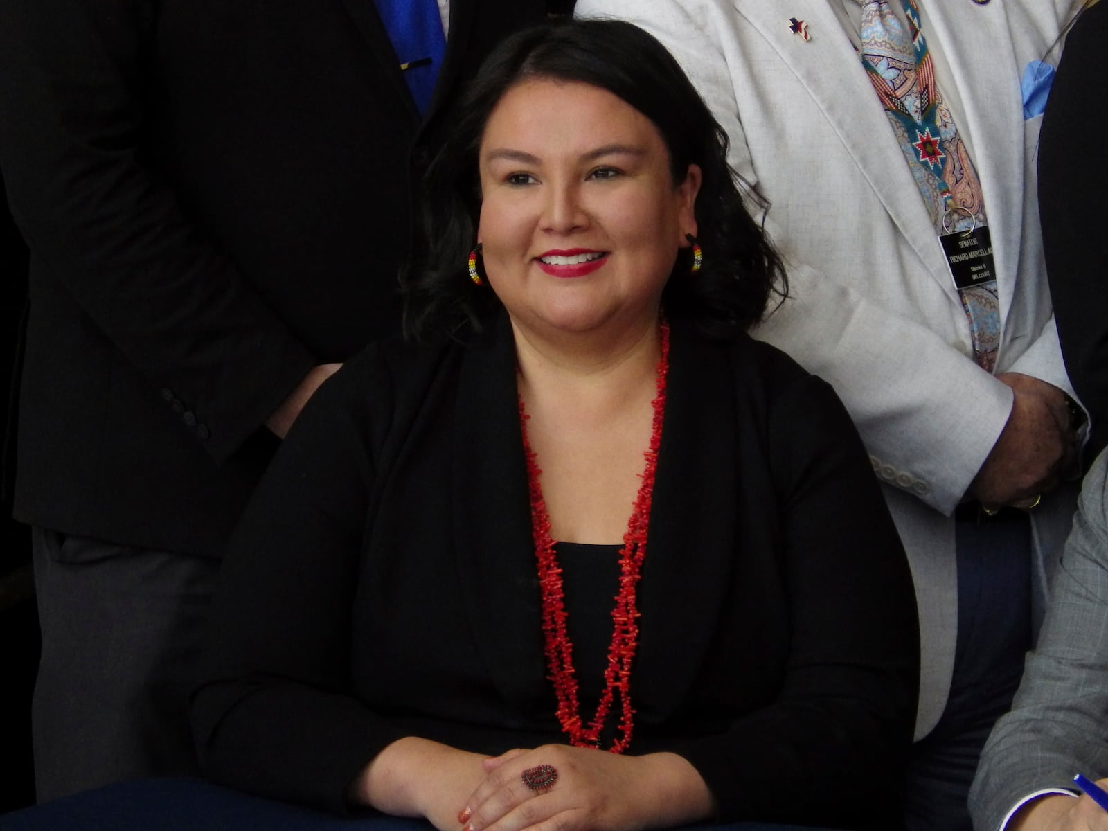 North Dakota Democratic Rep. Jayme Davis is seen at a bill signing on Thursday, May 1, 2025, in Memorial Hall of the state Capitol in Bismarck, N.D. Davis represents a joint legislative district encompassing the Spirit Lake and Turtle Mountain reservations. (AP Photo/Jack Dura)