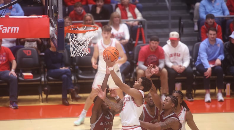 Dayton's De'Shayne Montgomery scores in the first half against North Carolina Central on Saturday, Nov. 22, 2025, at UD Arena. David Jablonski/Staff