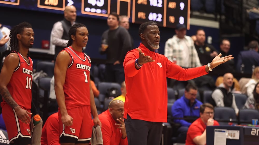 Dayton's Anthony Grant coaches during a game against La Salle on Wednesday, Jan. 21, 2026, at John E. Glaser Arena in Philadelphia. David Jablonski/Staff