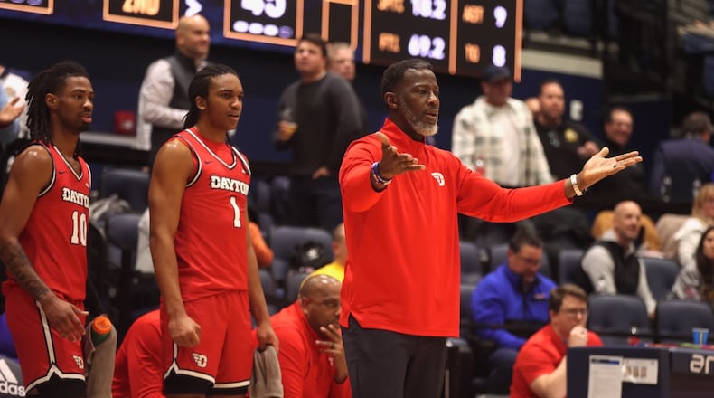 Dayton's Anthony Grant coaches during a game against La Salle on Wednesday, Jan. 21, 2026, at John E. Glaser Arena in Philadelphia. David Jablonski/Staff
