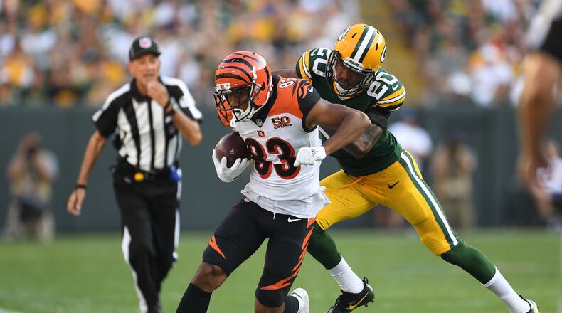 GREEN BAY, WI - SEPTEMBER 24: Tyler Boyd #83 of the Cincinnati Bengals catches a pass during the third quarter against the Green Bay Packers at Lambeau Field on September 24, 2017 in Green Bay, Wisconsin. (Photo by Stacy Revere/Getty Images)