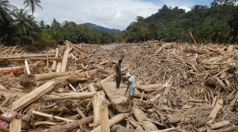 Men stand on logs swept away by flash flood in Batang Toru, North Sumatra, Indonesia, Tuesday, Dec. 2, 2025. (AP Photo/Binsar Bakkara)