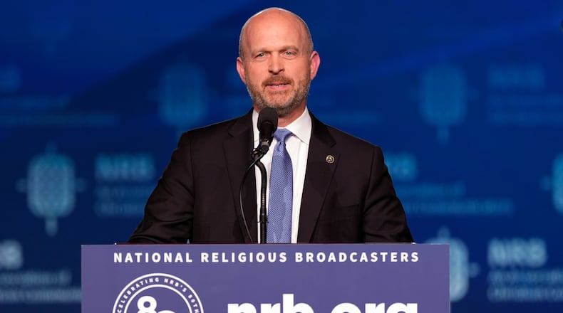 FILE - Kevin Roberts, president of The Heritage Foundation, speaks at the National Religious Broadcasters convention at the Gaylord Opryland Resort and Convention Center Feb. 22, 2024, in Nashville, Tenn. (AP Photo/George Walker IV, File)