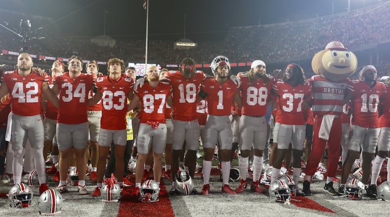 Ohio State sings "Carmen Ohio" after beating Notre Dame on Saturday, Sept. 3, 2022, at Ohio Stadium in Columbus. David Jablonski/Staff