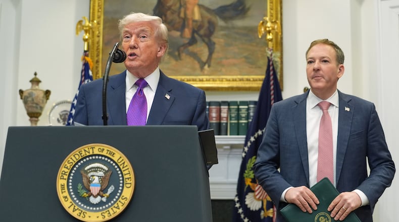 President Donald Trump speaks during an event with Environmental Protection Agency director Lee Zeldin announcing that the EPA will no longer regulate greenhouse gases, in the Roosevelt Room of the White House, Thursday, Feb. 12, 2026, in Washington. (AP Photo/Evan Vucci)