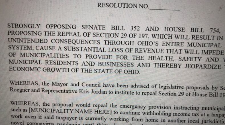 The Ohio Municipal League has drafted a resolution against passage of SB 352 and HB 754.
