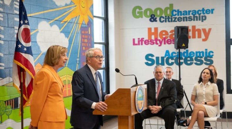 Ohio Gov. Mike DeWine, standing next to Ohio's First Lady Fran DeWine, and Ohio Department of Children and Youth (DCY) Director Kara B. Wente announced at a press conference in Toledo the launch of an effort to improve birth outcomes and reduce infant mortality rates. CONTRIBUTED
