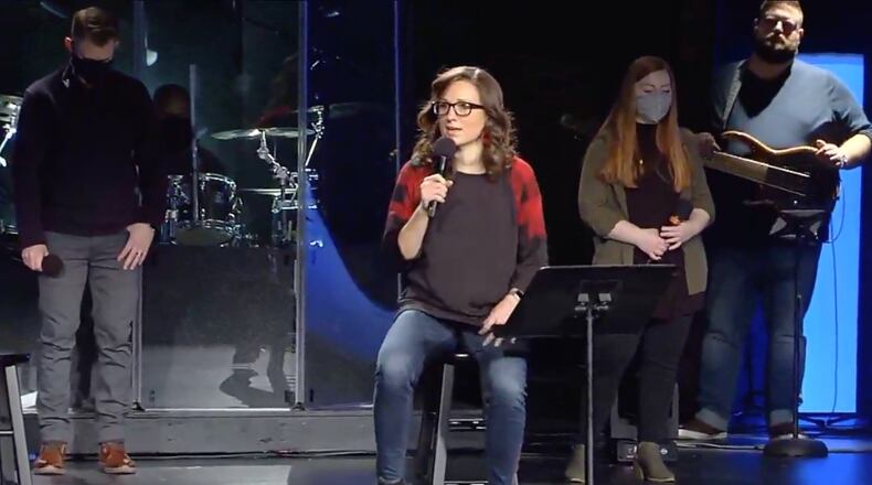 Ginghamsburg Church Pastor Rachel Billups speaks to her congregation Sunday, Jan. 10.