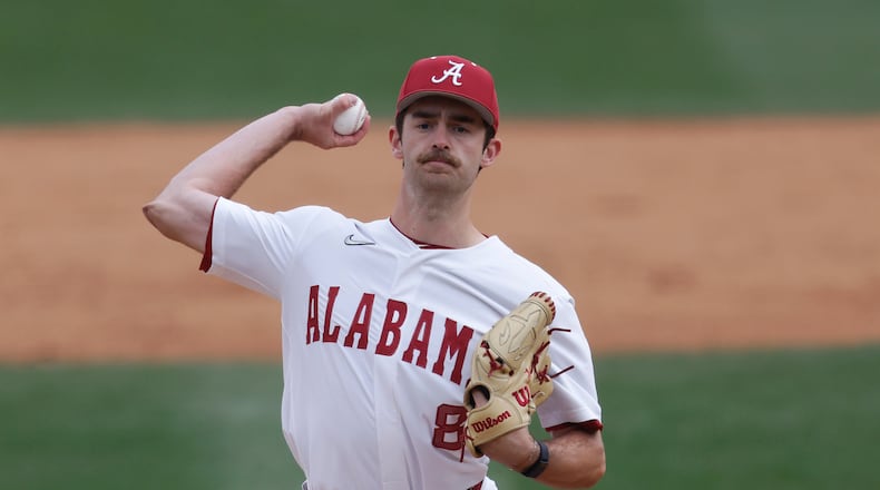 FILE - Alabama pitcher Tyler Fay (8) during an NCAA baseball game against Presbyterian on March 9, 2025, in Tuscaloosa, Ala. (AP Photo/Mike Buscher, File)