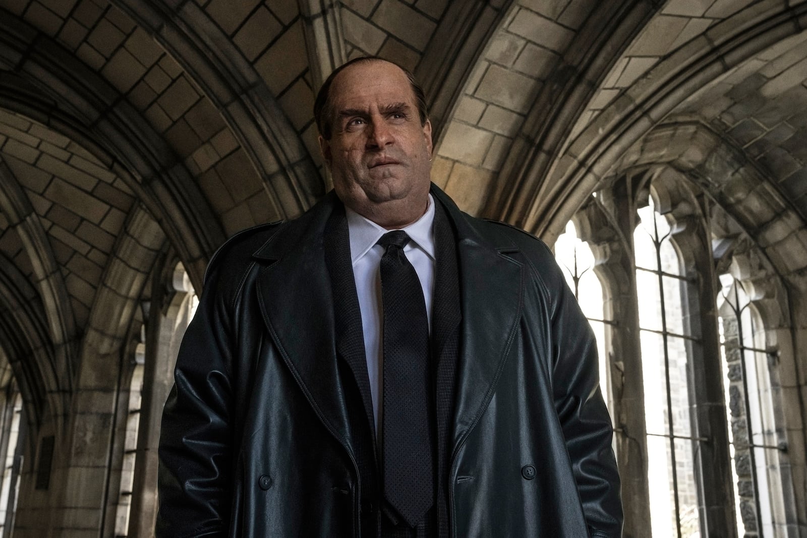 This image released by HBO shows Colin Farrell in a scene from the series "Penguin." (HBO via AP)