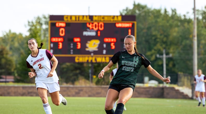 Wright State University Kaylee Pham dribbles the ball during their match on Sept. 11 at Central Michigan University. SYDNEY KLINE / WRIGHT STATE ATHLETICS