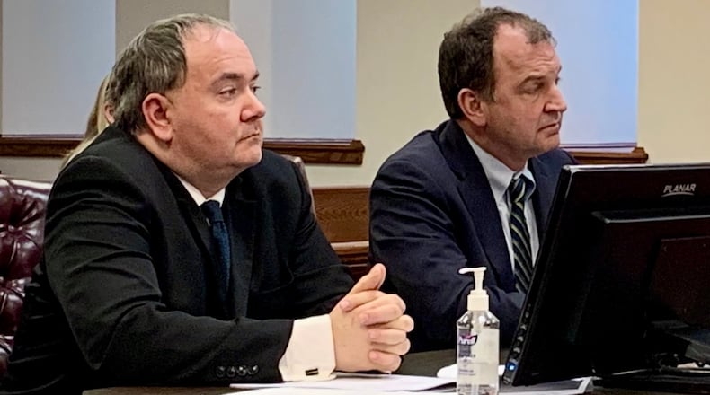 In this file photo, Donald Gronbeck (left) and his attorney, Jon Paul Rion (right) listen to Judge Dennis Langer during Gronbeck’s change of plea hearing Thursday, February 13, 2025. LONDON BISHOP/STAFF