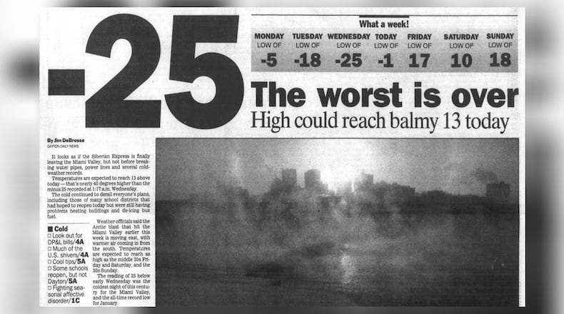 Arctic blast hits Dayton, delivers brutal cold stretch in 1994. DAYTON DAILY NEWS ARCHIVES