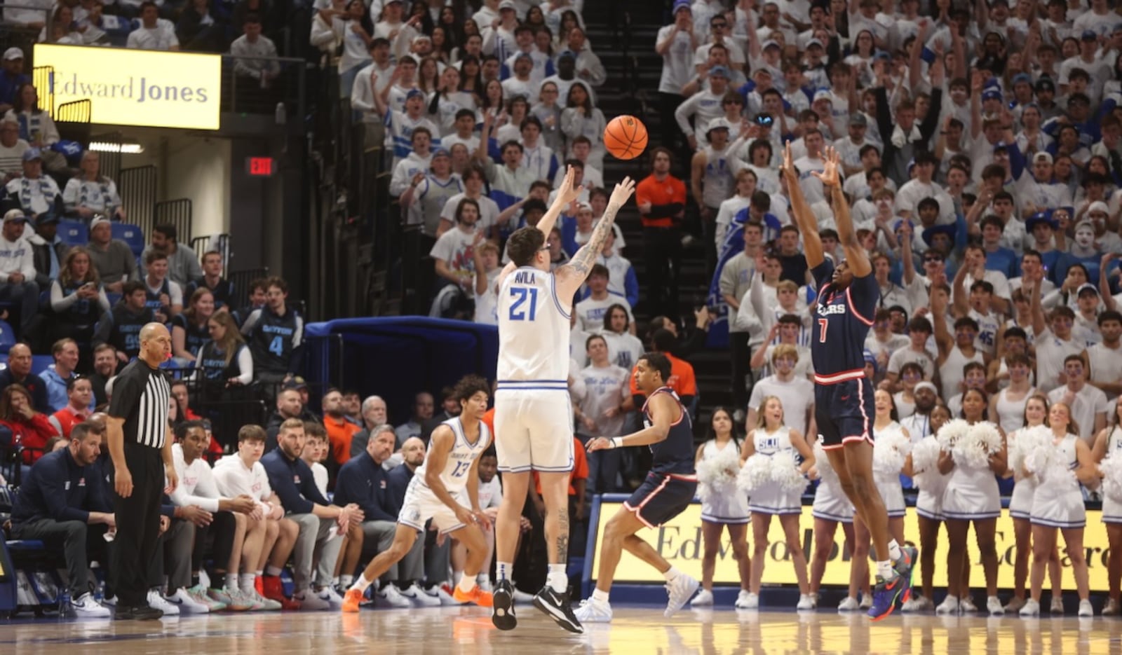 Robbie Avila, of Saint Louis, makes a 3-pointer against Dayton on the first possession of the game on Friday, Jan. 30, 2026, at Chaifetz Arena in St. Louis, Mo. David Jablonski/Staff