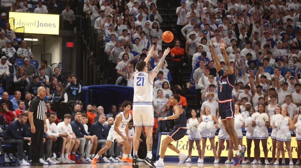 Robbie Avila, of Saint Louis, makes a 3-pointer against Dayton on the first possession of the game on Friday, Jan. 30, 2026, at Chaifetz Arena in St. Louis, Mo. David Jablonski/Staff