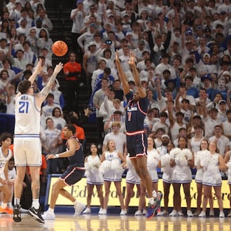 Robbie Avila, of Saint Louis, makes a 3-pointer against Dayton on the first possession of the game on Friday, Jan. 30, 2026, at Chaifetz Arena in St. Louis, Mo. David Jablonski/Staff