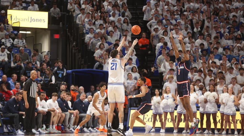 Robbie Avila, of Saint Louis, makes a 3-pointer against Dayton on the first possession of the game on Friday, Jan. 30, 2026, at Chaifetz Arena in St. Louis, Mo. David Jablonski/Staff