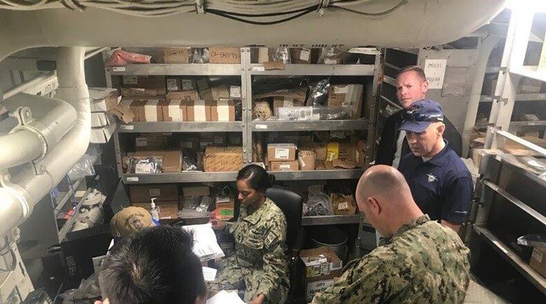 One of the confined F-35B storage locations aboard the USS Makin Island. (U.S. Air Force photo/Capt. William Fine)