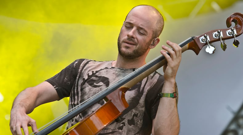 Ben Kaufmann of Yonder Mountain String Band brings the crowd to a frenzy at the 2012 All Good Music Festival at Legend Valley near Columbus, Ohio.