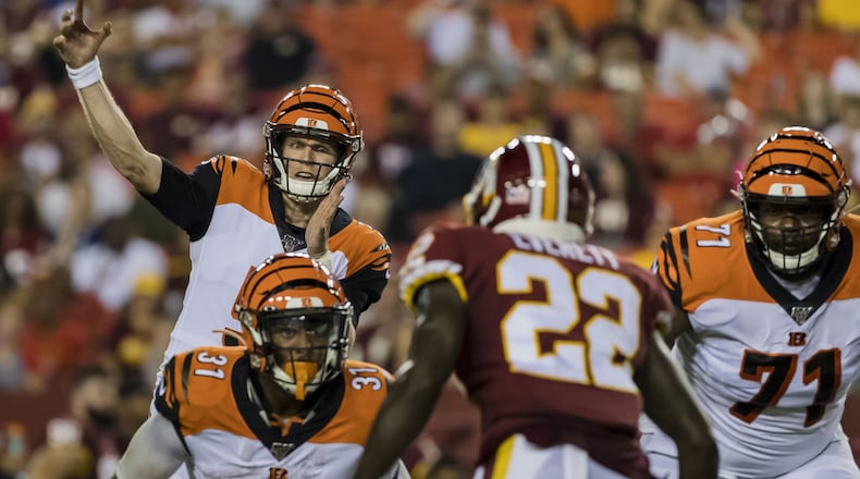 LANDOVER, MD - AUGUST 15: Ryan Finley #5 of the Cincinnati Bengals attempts a pass against the Washington Redskins during the first half of a preseason game at FedExField on August 15, 2019 in Landover, Maryland. (Photo by Scott Taetsch/Getty Images)