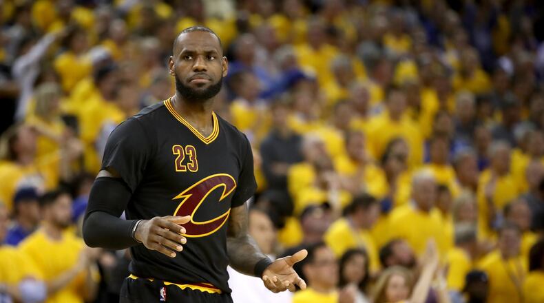 LeBron James of the Cleveland Cavaliers reacts against the Golden State Warriors in Game 5 of the 2017 NBA Finals at ORACLE Arena on June 12, 2017 in Oakland, California. (Photo by Ezra Shaw/Getty Images)