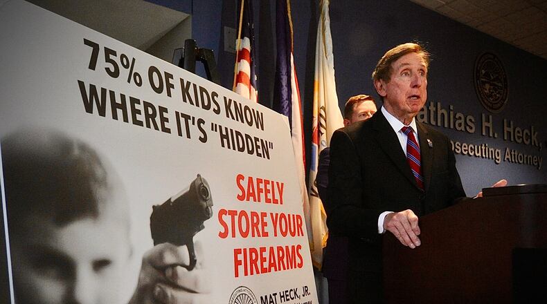 Montgomery County Prosecutor Mat Heck Jr. announced a new campaign Thursday, Feb. 22, 2024, called Safely Store Your Firearms in the wake of another young child who shot himself with an unsecured gun. MARSHALL GORBY\STAFF