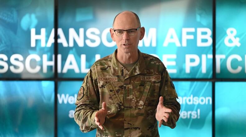 Gen. Duke Z. Richardson, Air Force Materiel Command commander, speaks to AFMC Civic Leader Program members and others during a company pitch event at the MassChallenge offices in Boston, Sept. 22. (U.S. Air Force photo by Todd Maki)