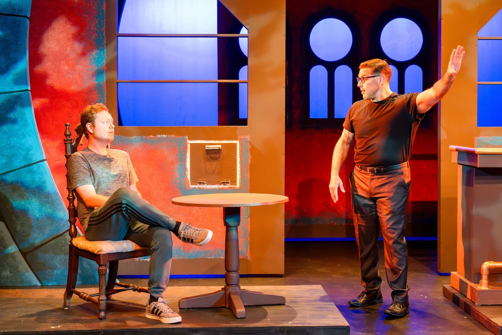 Brandon Shockney (left as Harry) and Zach Katris (Jake) in Beavercreek Community Theatre's production of "The Understudy." Photo by Kirsten Pribula
