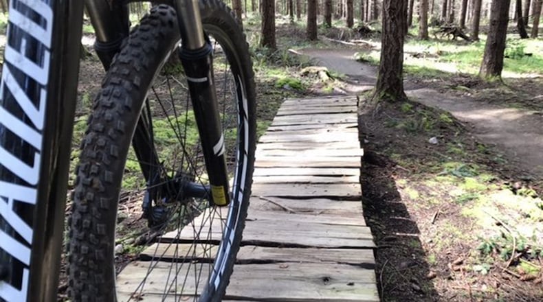 The easiest trails in Dockton Forest have features ideal for those with limited experience. The new 2.5-mile trail system on Maury Island had its opening celebration April 22. (Craig Hill/Tacoma News Tribune/TNS)