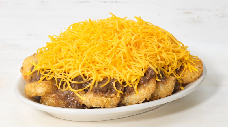 The Skyline Chili Breakfast Way features hash brown coins topped with Skyline Chili and shredded cheddar cheese (CONTRIBUTED PHOTO)