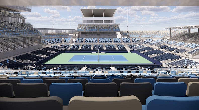 This is an artist's rendition of new seating at Center Court at the Lindner Family Tennis Center in Mason. All 12,000 seats will be replaced prior to the 2024 Western & Southern Open tennis tournament. This is part of a $260 million upgrade of the world class tennis facility. CONTRIBUTED/GENSLER